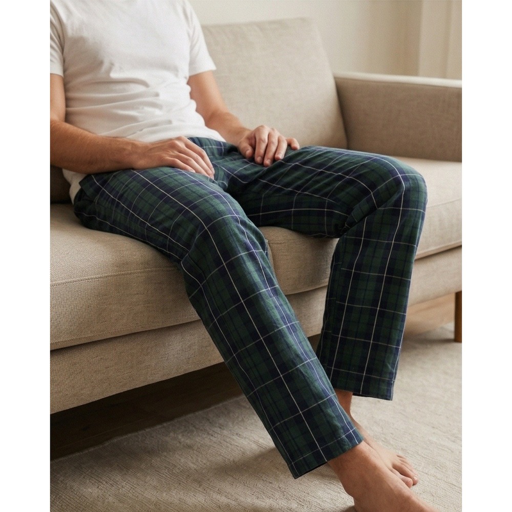 Majestic Intl Mens M Pajama Pants‎ Medium Green Blue Plaid Cotton Blend NWT